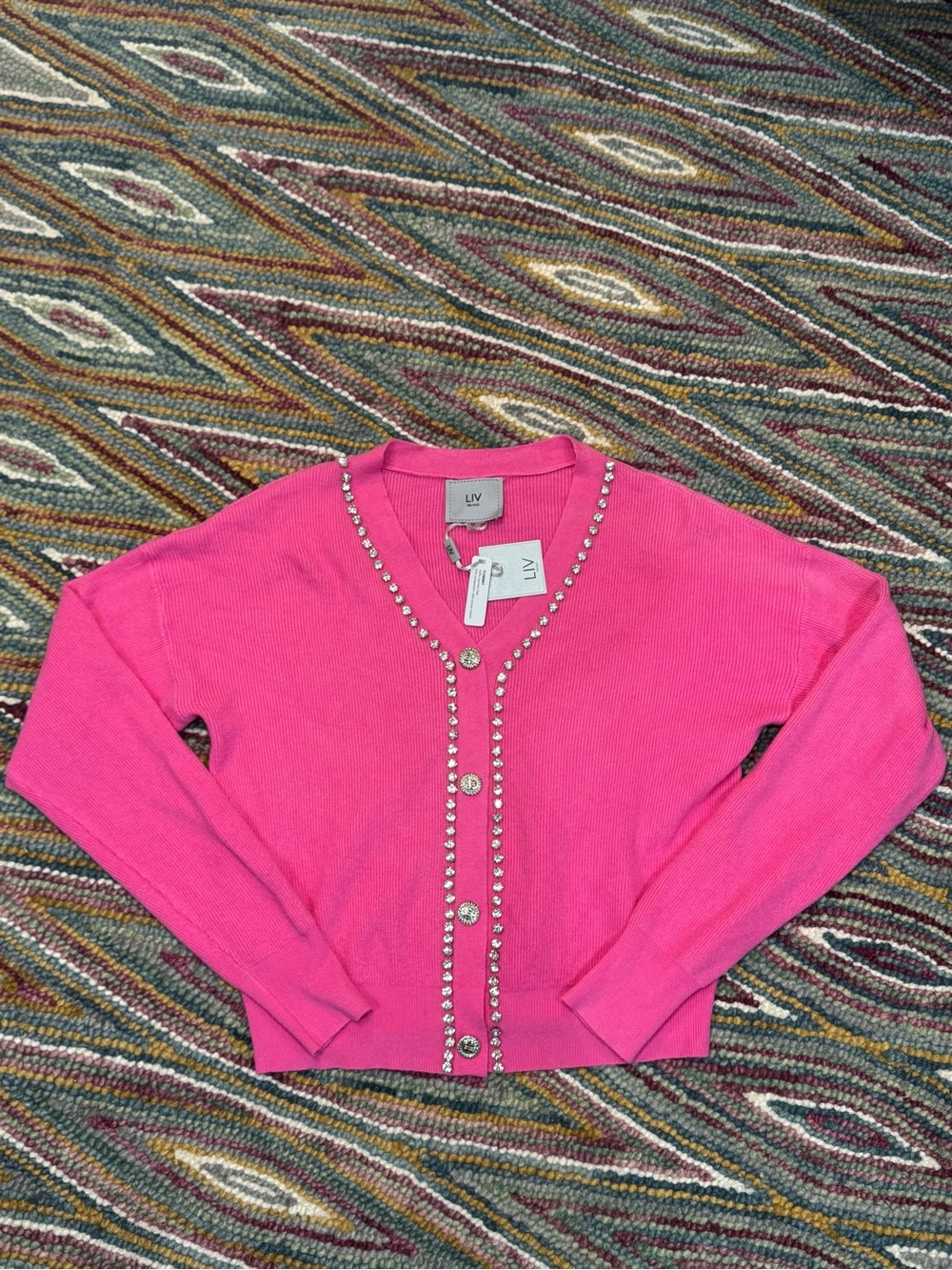 🪩🩷💕 Milano Hot Pink V-Neck Crystal-Trim Bling Embellished Cardigan Sweater 💕🩷🪩 - Picture 5 of 9